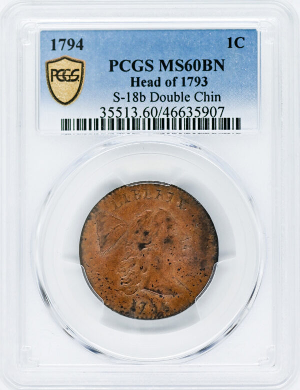1794 LIBERTY CAP 1C, HEAD OF 1793, DENT. BORDER MS60 Brown