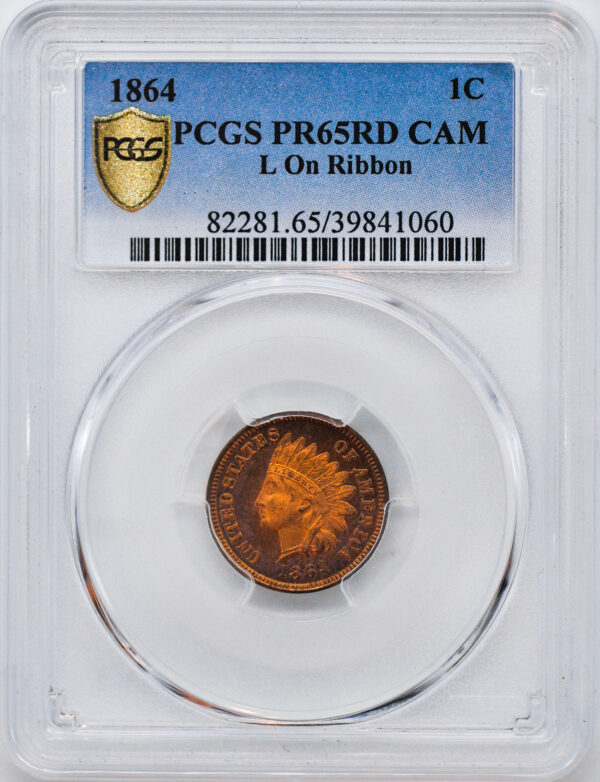 1864 INDIAN BRONZE 1C, L ON RIBBON PR65 Red