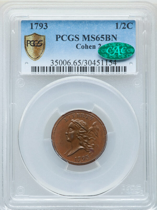 1793 LIBERTY CAP 1/2, TYPE 1 FACING LEFT MS65 Brown