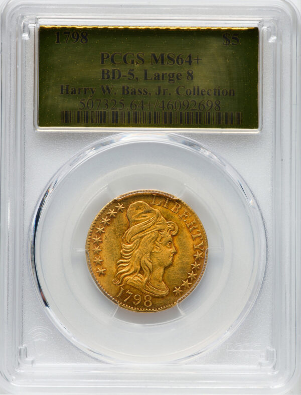 1798 DRAPED BUST $5, LARGE 8, 13 ST REV MS64+