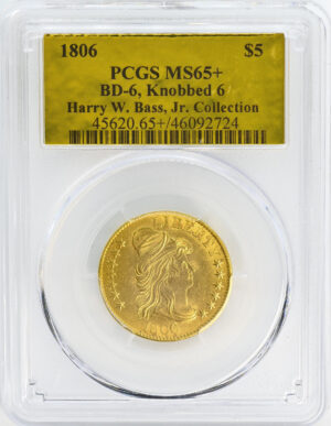 1806 DRAPED BUST $5, ROUND 6, 7X6 STARS MS65+