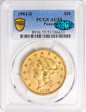 1861-S LIBERTY HEAD $20, PAQUET AU55