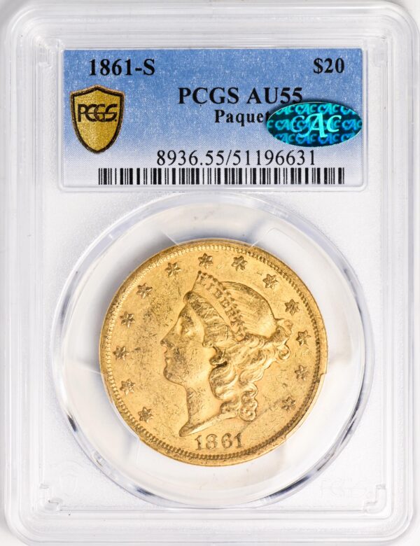 1861-S LIBERTY HEAD $20, PAQUET AU55