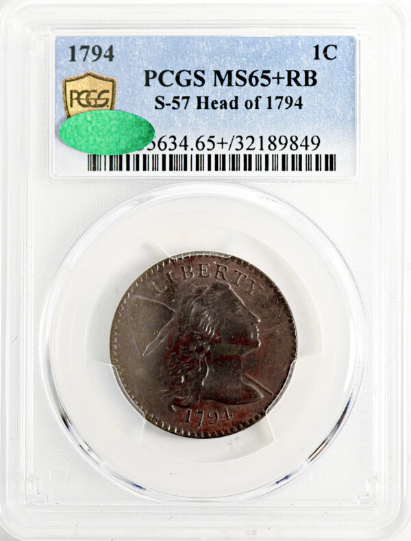 1794 FLOWING HAIR LARGE 1C, HEAD OF 1794, LIBERTY CAP, DEN MS65+ Red Brown