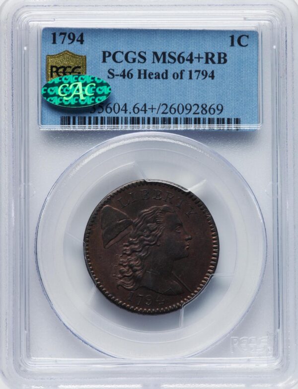 1794 FLOWING HAIR LARGE 1C, HEAD OF 1794, LIBERTY CAP, DEN MS64+ Red Brown
