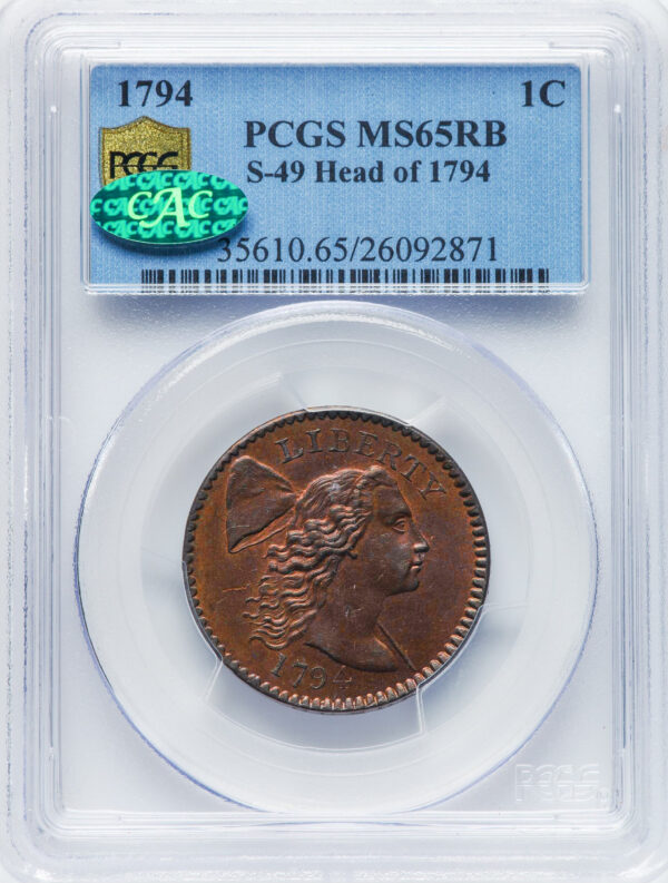 1794 FLOWING HAIR LARGE 1C, HEAD OF 1794, LIBERTY CAP, DEN MS65 Red Brown
