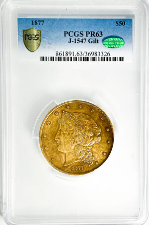 1877 PATTERN HALF UNION $50, J-1547 GILT PR63