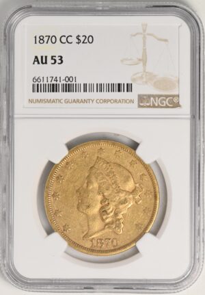 1870-CC LIBERTY HEAD $20 AU53