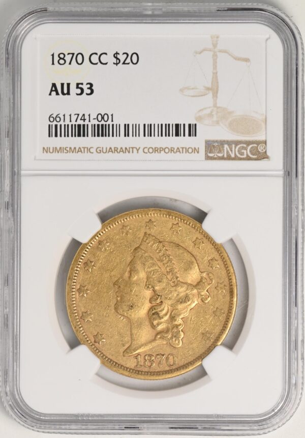 1870-CC LIBERTY HEAD $20 AU53