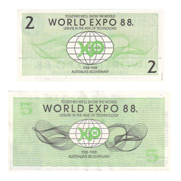 1988 Brisbane World Expo Commemorative Novelty Banknotes - $2 & $5 Values - Image 2