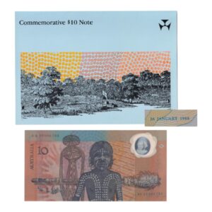 1988 Australian $10 Note - Bicentennial Overprinted Note in NPA Folder - Last Prefix A01(a)2