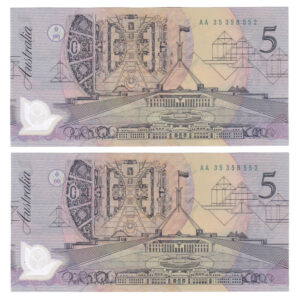 1992 Australian $5 Note Pair (x2) - AA 35358552/53 - R214i - Pale Green Serials - Uncirculated
