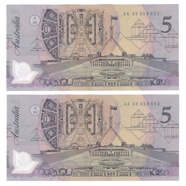 1992 Australian $5 Note Pair (x2) - AA 35358552/53 - R214i - Pale Green Serials - Uncirculated