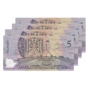 1992 Australian $5 Banknote Bundle (x4) - AB 01380797-0800 - Fraser/Cole - R214i - Pale Green Serial - Uncirculated