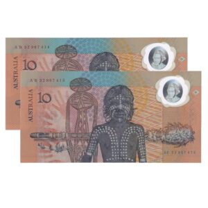 1988 Australian $10 Note Pair - Bicentennial - AB 32967414/15 - R310a - 1st Issue - Uncirculated