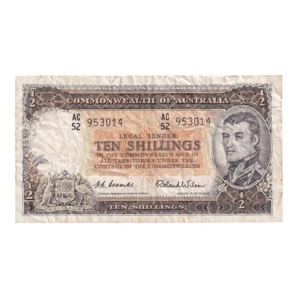 1954 Australian 10 Shilling Note - HC Coombs/Roland Wilson - Mid-Range - R16 - AC52 953014 - Very Good