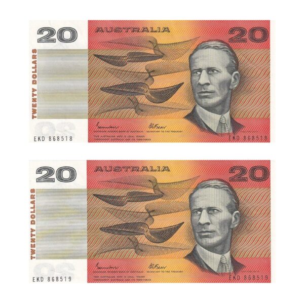 1985 $20 Note Pair - Sequential Numbers - EKD 868518 & EKD 868519 - Johnston/Fraser - Gothic Serial - R409b - About Uncirculated