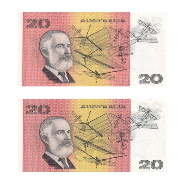 1985 $20 Note Pair - Sequential Numbers - EKD 868518 & EKD 868519 - Johnston/Fraser - Gothic Serial - R409b - About Uncirculated - Image 2