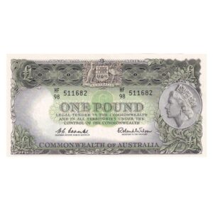 1961 Australian £1 Note - HF98 511682 - COOMBS/WILSON - Reserve Bank, Dark green back - R34a - Mid-Range Prefix - Uncirculated