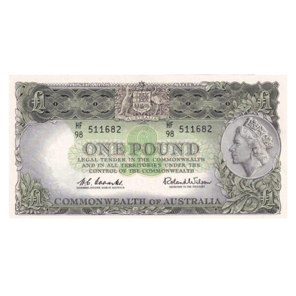 1961 Australian £1 Note - HF98 511682 - COOMBS/WILSON - Reserve Bank, Dark green back - R34a - Mid-Range Prefix - Uncirculated