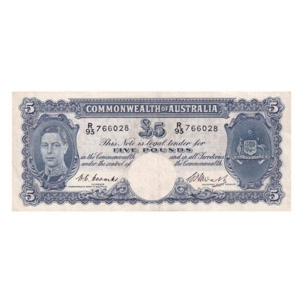 1949 Australian £5 Note - R93 766028 - HC COOMBS/GPN WATT - R47 - Mid-Range Prefix - Extremely Fine