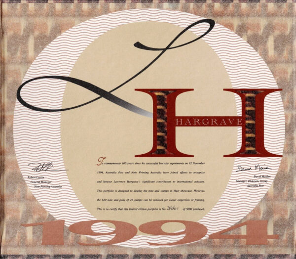 1994 NPA and Australia Post Limited Edition Portfolio - Hargrave Centenary - Black Overprint C03(b) - L/E 3,661 of 5,000 - Image 3