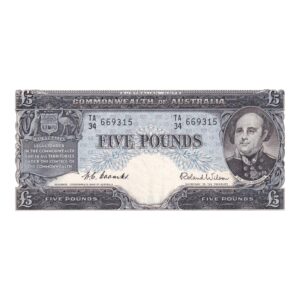 1954 Australian £5 Note - TA34 669315 - HC Coombs/Roland Wilson - Commonwealth Bank - R49 - Mid-Range Prefix - Extremely Fine