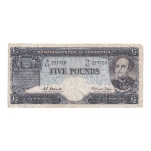 1960 Australian £5 Note - TB63 227720 - HC Coombs/Roland Wilson - Reserve Bank - R50 - Mid-Range Prefix - Very Good