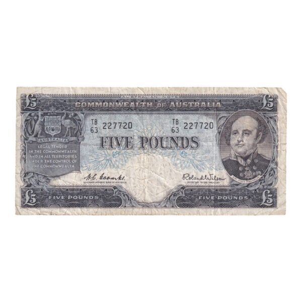 1960 Australian £5 Note - TB63 227720 - HC Coombs/Roland Wilson - Reserve Bank - R50 - Mid-Range Prefix - Very Good