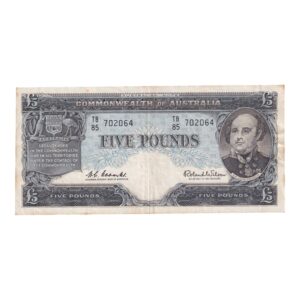 1960 Australian £5 Note - TB85 702064 - HC Coombs/Roland Wilson - Reserve Bank - R50 - Mid-Range Prefix - Fine