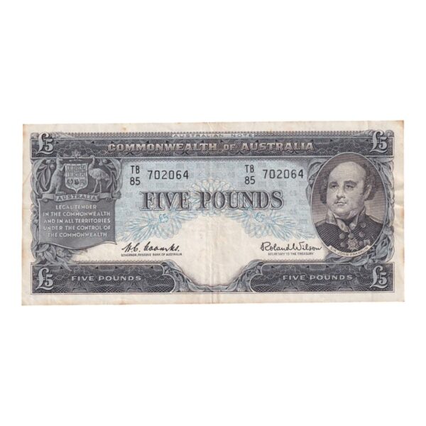 1960 Australian £5 Note - TB85 702064 - HC Coombs/Roland Wilson - Reserve Bank - R50 - Mid-Range Prefix - Fine