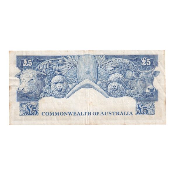 1960 Australian £5 Note - TB85 702064 - HC Coombs/Roland Wilson - Reserve Bank - R50 - Mid-Range Prefix - Fine - Image 2