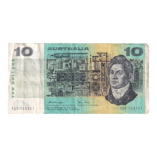 1979 Australian $10 Note - TQS 158327 - Knight/Stone Gothic Serial - R307a - Fine